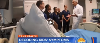 Image of Columbia Nursing students discuss with NBC Medical Correspondent, John Torres, MD, diagnosing the medical condition the pediatric simulator is exhibiting